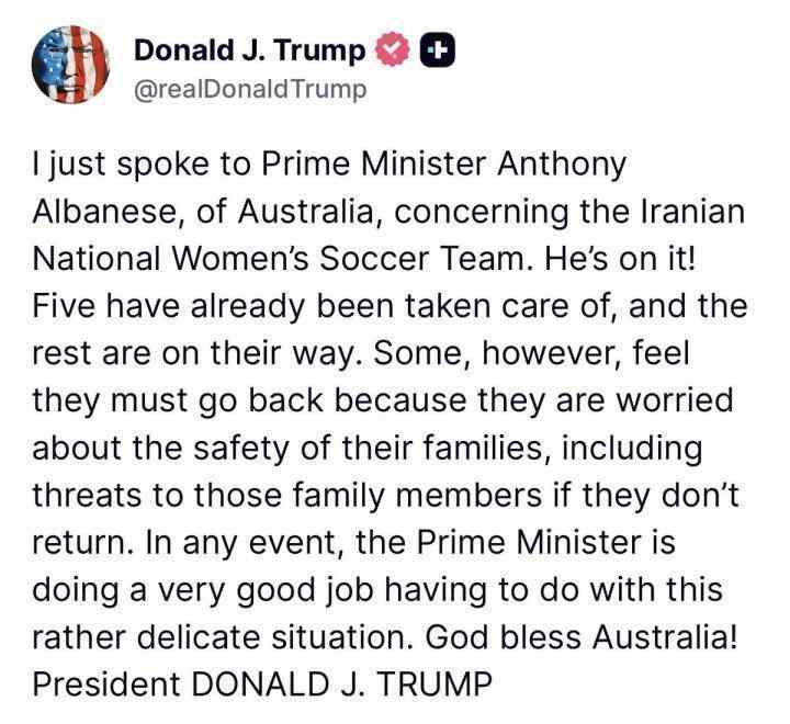  特朗普与澳大利亚总理通话，伊朗女足球员庇护事宜取得进展；五人已获安置，其余仍在处理。 体育新闻 特朗普与澳大利亚总理通话，伊朗女足球员庇护事宜取得进展；五人已获安置，其余仍在处理。 体育新闻